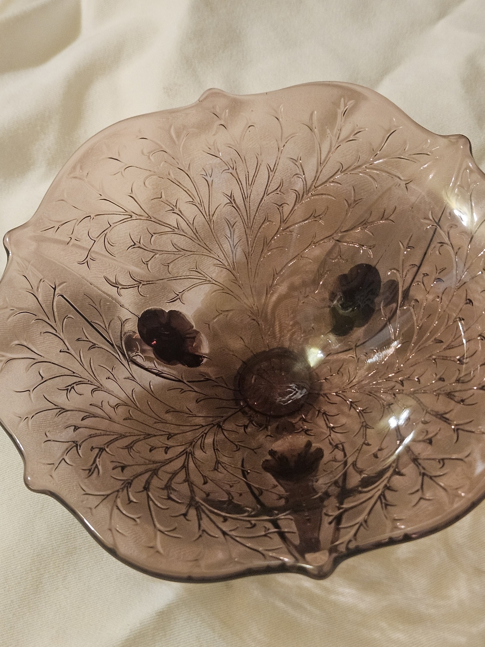 Vintage Etched Large Three-Footed Purple Glass Centerpiece Bowl
